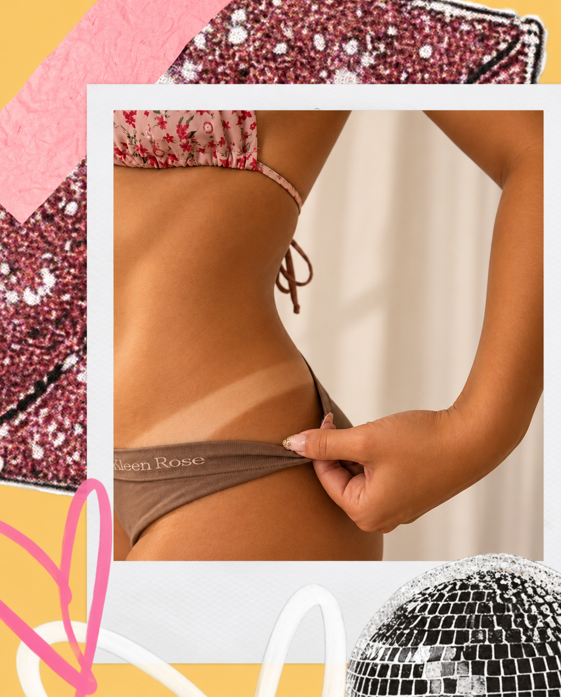 Client showing a golden spray tan and tan line in a pink and gold collage