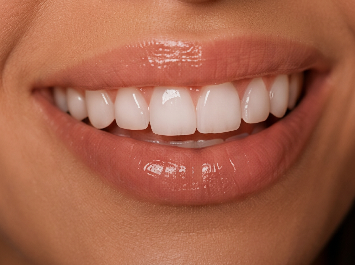 Close-up of a client's smile showing bright white teeth